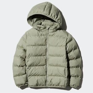 Uniqlo Kids PUFFERTECH Washable Parka Light Olive Sage Green Puffer Coat Sz 9-10